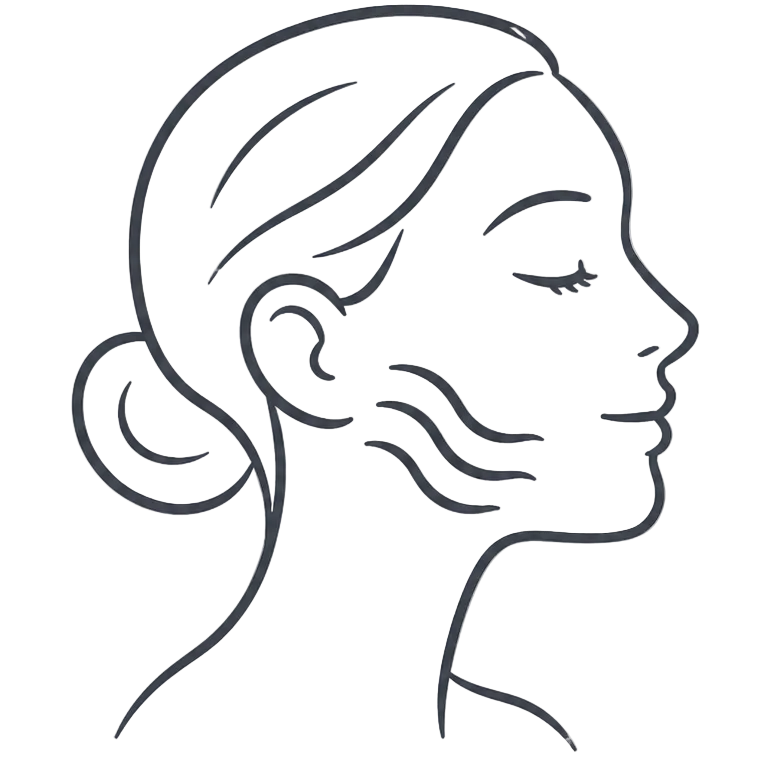 Line illustration of a face with marked cheek sensitivity, representing reactive skin and rosacea-prone areas
