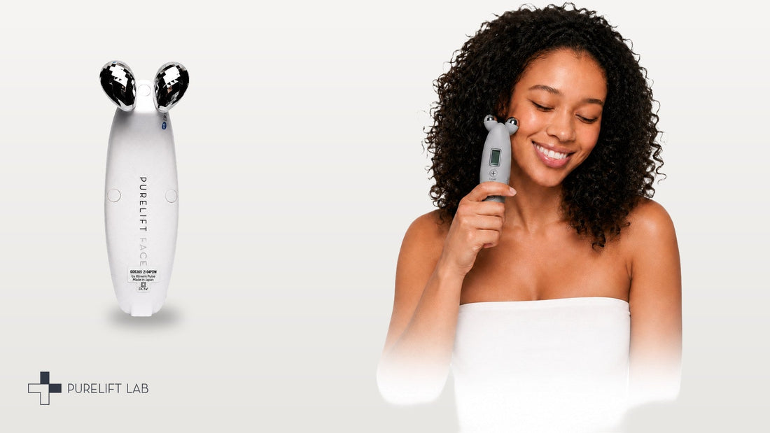 PureLift Face device beside a smiling woman using PureLift Face on her cheek