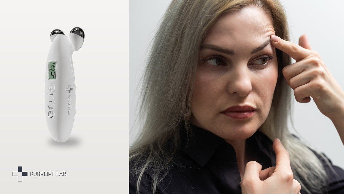 PureLift Face device beside a woman touching her brow and upper eyelid