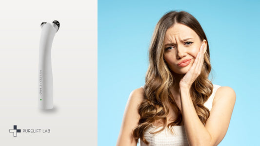 PureLift Pro device beside a woman holding her cheek with a tooth sensation